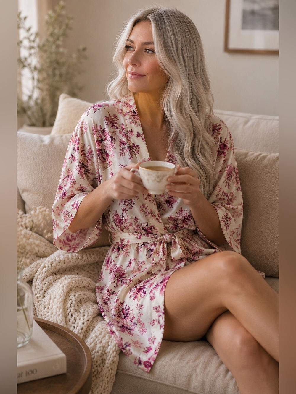 Shimera Cream Floral Robe with Pink & Purple Print
